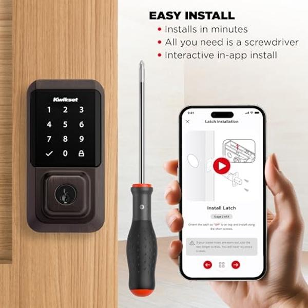 Cerradura inteligente Kwikset Halo con Wi-Fi, cerrojo táctil para puerta de entrada sin llave, control por aplicación, certificación AAA, fácil instalación sin concentrador, acabad