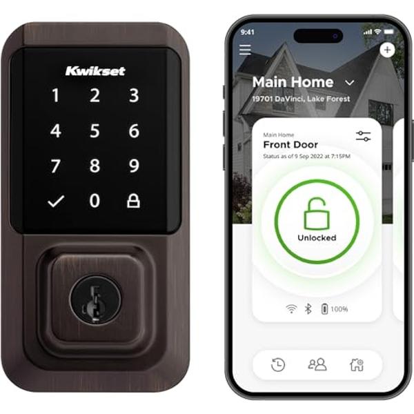 Cerradura inteligente Kwikset Halo con Wi-Fi, cerrojo táctil para puerta de entrada sin llave, control por aplicación, certificación AAA, fácil instalación sin concentrador, acabad