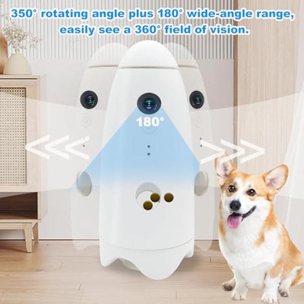 Caichuxiye - Dispensador de premios para mascotas, cámara 360 para perros, HD 1080p, monitoreo remoto, visión nocturna automática, audio bidireccional, apto para perros y gatos