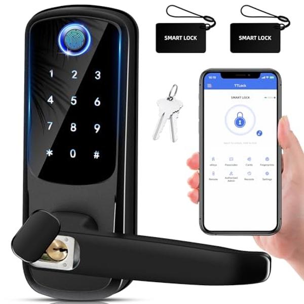 Cerradura inteligente con manija, cerradura digital sin llave para puerta de entrada/interior, cerraduras exteriores con huella dactilar, cerrojo electrónico con teclado, perilla b
