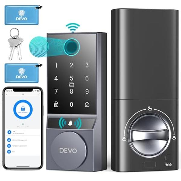 Cerradura Devo G3 para puerta de entrada, 6 en 1, con huella dactilar, sin llave, con cerrojo inteligente con Wi-Fi integrado y control remoto por aplicación, fácil de instalar sin
