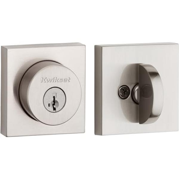 Cerradura de cerrojo Kwikset Halifax, níquel satinado, cuadrada, exterior, con llave, para puerta de entrada, con llave SmartKey resistente a ganzúas, cilindro único, con protecció