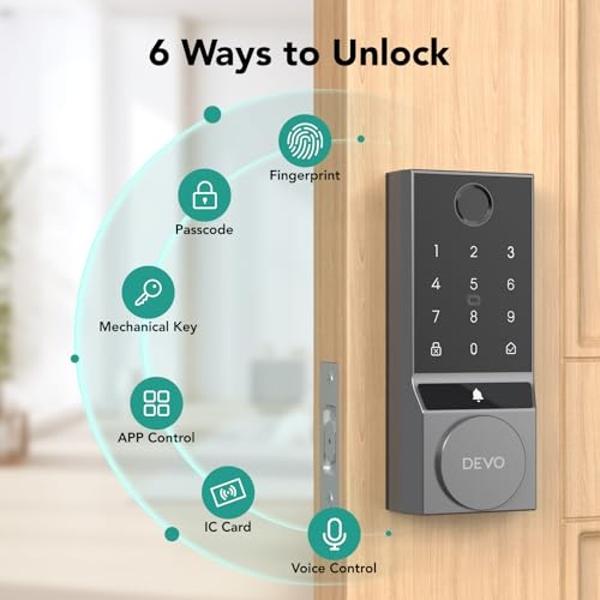 Cerradura Devo G3 para puerta de entrada, 6 en 1, con huella dactilar, sin llave, con cerrojo inteligente con Wi-Fi integrado y control remoto por aplicación, fácil de instalar sin