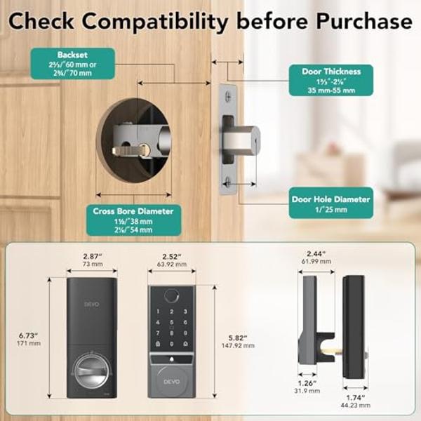 Cerradura Devo G3 para puerta de entrada, 6 en 1, con huella dactilar, sin llave, con cerrojo inteligente con Wi-Fi integrado y control remoto por aplicación, fácil de instalar sin