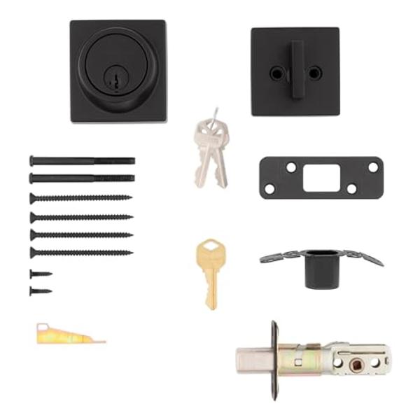 Cerradura de cerrojo Kwikset 817, puerta de entrada frontal con llave exterior cuadrada en negro mate, cerradura de seguridad SmartKey resistente a la ganzúa, cilindro único con pr
