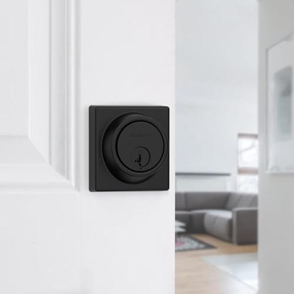 Cerradura de cerrojo Kwikset 817, puerta de entrada frontal con llave exterior cuadrada en negro mate, cerradura de seguridad SmartKey resistente a la ganzúa, cilindro único con pr