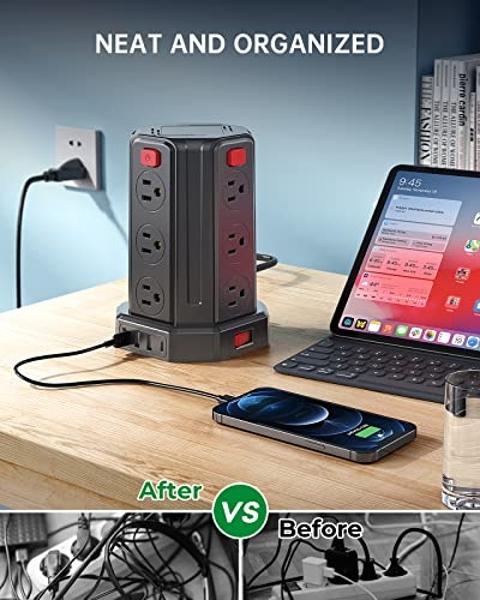 Protector contra sobretensiones de regleta, cable de extensión de 3 m con 12 tomas de CA, 4 USB (1 USB C), estación de carga de escritorio SMALLRT Power Tower (negro, 3 m)