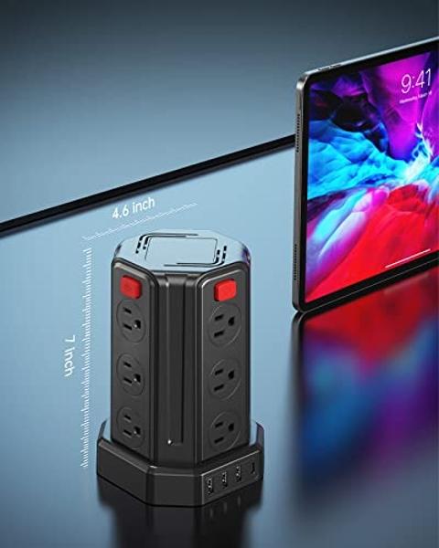 Protector contra sobretensiones de regleta, cable de extensión de 3 m con 12 tomas de CA, 4 USB (1 USB C), estación de carga de escritorio SMALLRT Power Tower (negro, 3 m)