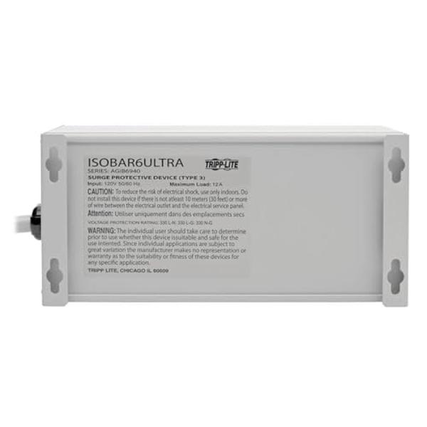 Tripp Lite ISOBAR6Ultra Isobar - Regleta de enchufes con 6 tomas de corriente, cable de 1.8 m (6 pies), enchufe en ángulo recto, metal, garantía limitada de por vida y seguro de $5