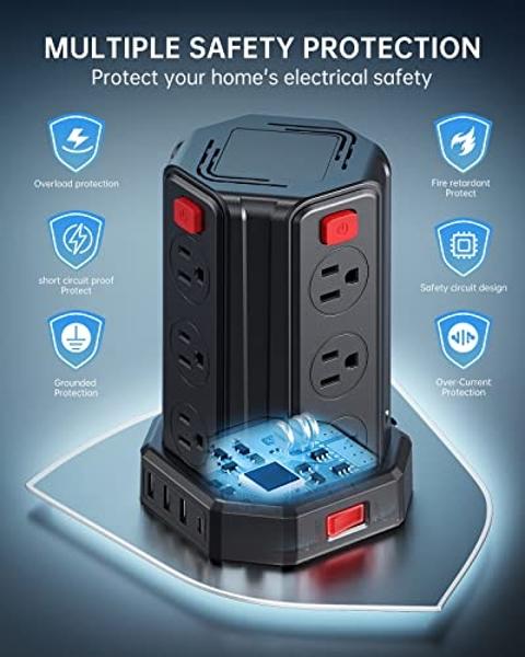 Protector contra sobretensiones de regleta, cable de extensión de 3 m con 12 tomas de CA, 4 USB (1 USB C), estación de carga de escritorio SMALLRT Power Tower (negro, 3 m)