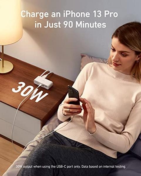 Regleta de enchufes Anker 521: estación de carga con 3 tomas, cargador USB C de 30 W para iPhone 14/13, cable de extensión de 1,5 m, suministro de energía para carga rápida, para e