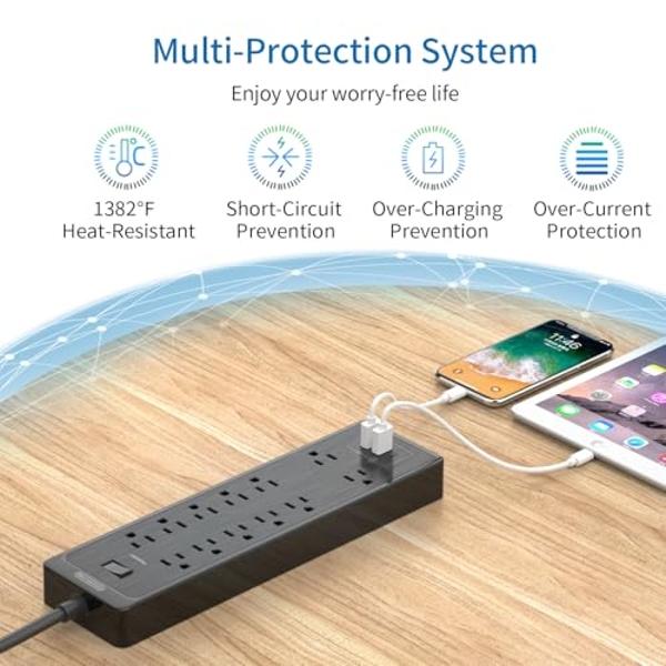 Protector contra sobretensiones de regleta, cable de extensión de 3 m con 12 tomas de CA, 4 USB (1 USB C), estación de carga de escritorio SMALLRT Power Tower (negro, 3 m)