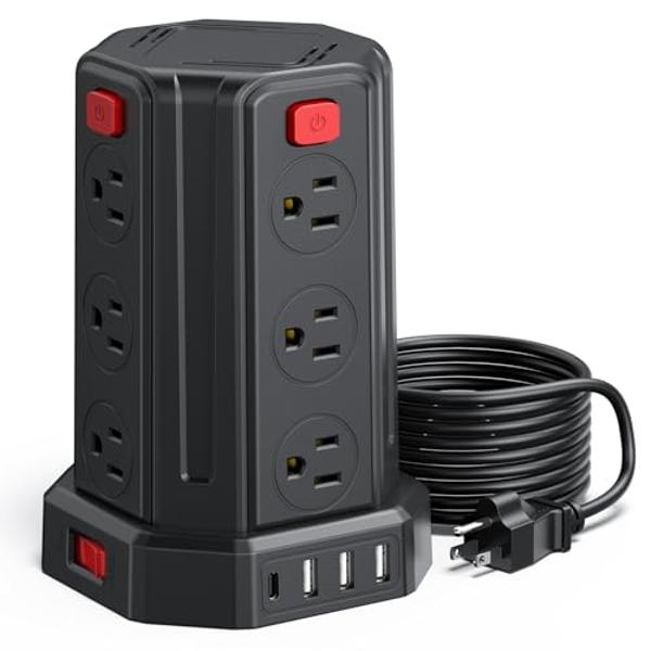 Protector contra sobretensiones de regleta, cable de extensión de 3 m con 12 tomas de CA, 4 USB (1 USB C), estación de carga de escritorio SMALLRT Power Tower (negro, 3 m)