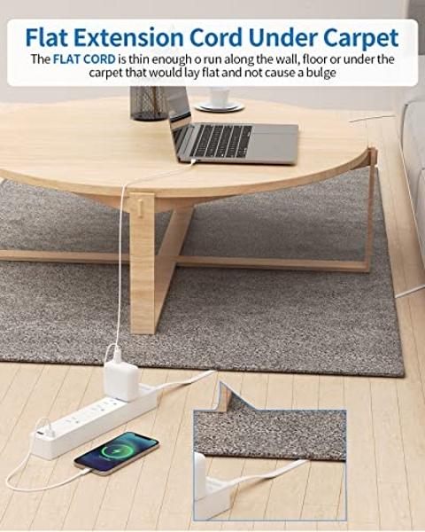 Cable de extensión plano de 4,5 m, NTONPOWER, ultrafino, para debajo de alfombras, puertas y paredes, con enchufe plano y 4 tomas de corriente, 2 USB, protección contra sobrecargas