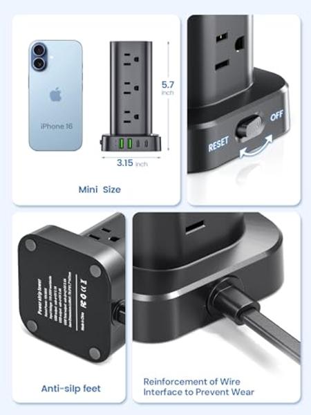 Regleta de enchufes con protector de sobretensión: 12 tomas de CA y 4 puertos USB (2 USB-C), cable de extensión de 1,8 m, estación de carga tipo torre para casa, oficina, dormitori