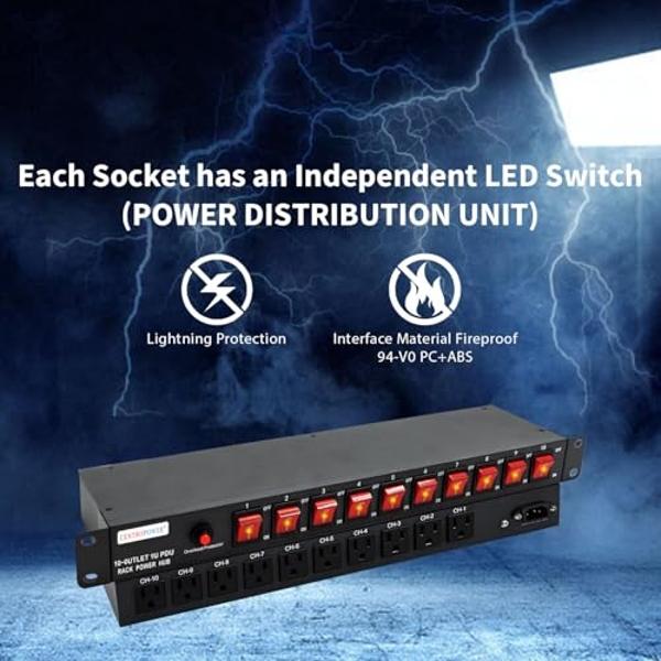 Protector contra sobretensiones BTU para montaje en rack, regleta de 12 tomas con interruptor, resistente, de metal, para racks de servidores, garajes, tiendas, industria y comerci