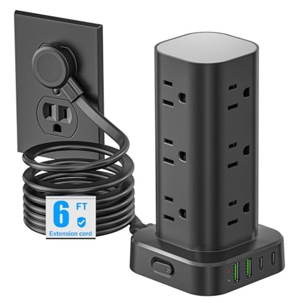 Regleta de enchufes con protector de sobretensión: 12 tomas de CA y 4 puertos USB (2 USB-C), cable de extensión de 1,8 m, estación de carga tipo torre para casa, oficina, dormitori