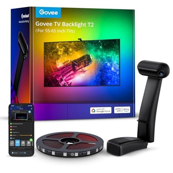 Govee Envisual TV LED Backlight T2 con cámaras duales, tira de luces LED RGBIC Wi-Fi de 3,6 m para televisores de 55 a 65 pulgadas, tira de luces doble, para decoración del hogar, 