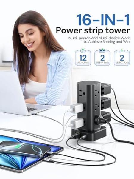Regleta de enchufes con protector de sobretensión: 12 tomas de CA y 4 puertos USB (2 USB-C), cable de extensión de 1,8 m, estación de carga tipo torre para casa, oficina, dormitori
