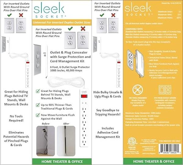 Sleek Socket - Corrector de enchufes ultrafino original y patentado con kit para ocultar cables, cable de extensión plano con protección contra sobretensiones y múltiples tomas, id