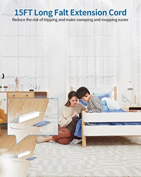 Cable de extensión plano de 4,5 m, NTONPOWER, ultrafino, para debajo de alfombras, puertas y paredes, con enchufe plano y 4 tomas de corriente, 2 USB, protección contra sobrecargas