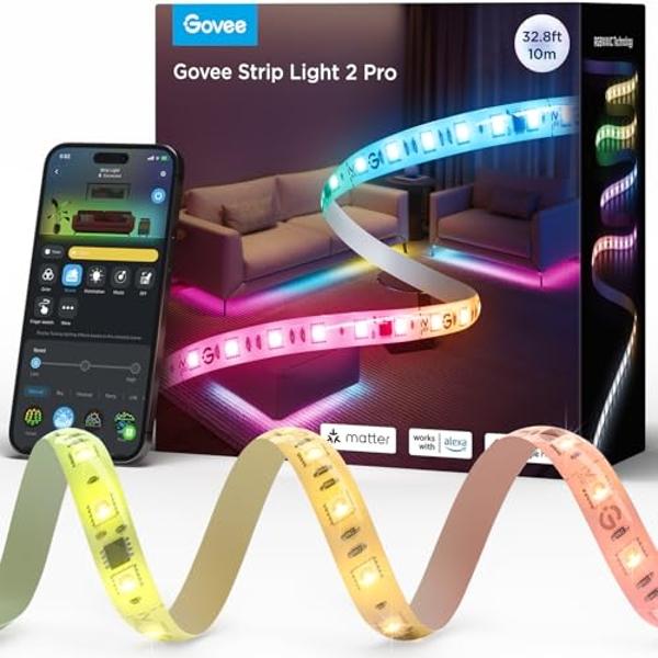 Tira de luces Govee RGBIC 2 Pro con Matter, luces LED Wi-Fi de 10 m para dormitorio, armario, fiesta, TV y escritorio de juegos, tiras de luces LED inteligentes compatibles con Ale