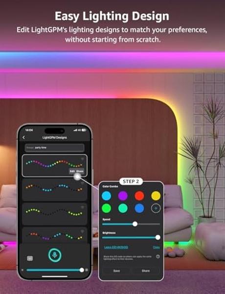 Tira de luces LED Lepro S1 con IA para dormitorio: tiras de luz RGB inteligentes de 20 m con circuito integrado y efectos de búsqueda de arcoíris, segmentos de color DIY, iluminaci