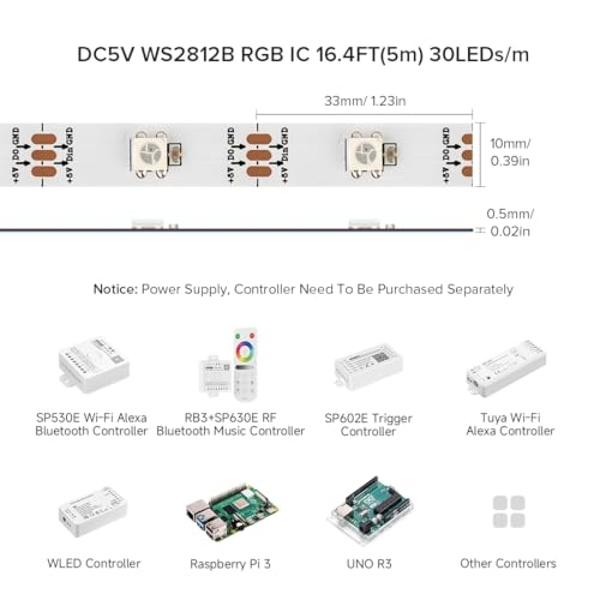 BTF-LIGHTING WS2812B IC RGB 5050SMD Tira LED direccionable individual en oro puro de 5 m, 150 LED, 30 píxeles/m, flexible, a todo color, IP65, CC 5 V, para proyectos DIY de color (