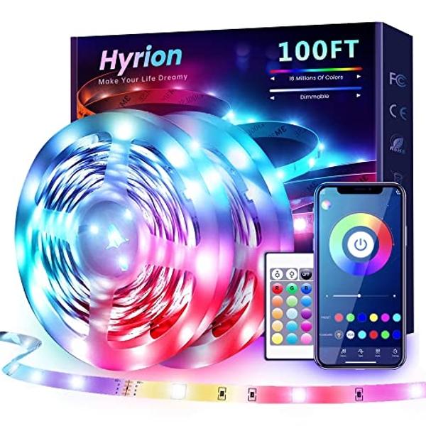 Tira de luces LED Hyrion de 30 m con Bluetooth, luces que cambian de color y se sincronizan con la música, iluminación RGB 5050 con control remoto, control por aplicación para telé