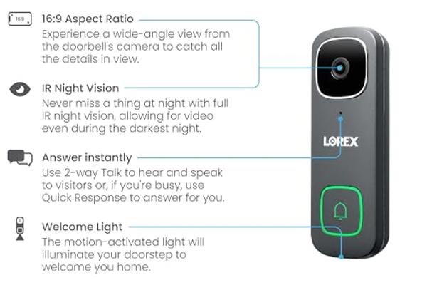 Timbre con cámara y video inteligente Lorex 1080p con cable y wifi, sin suscripción, con iluminación de seguridad inteligente, detección de movimiento, comunicación bidireccional e