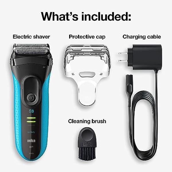 Maquinilla de afeitar eléctrica Braun Serie 3 con recortador de precisión, recargable, de láminas para uso en seco y húmedo para hombres, azul/negro, 4 piezas