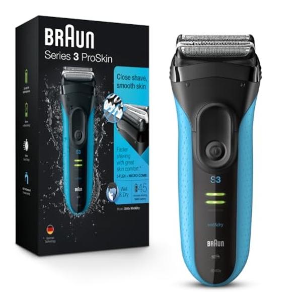 Maquinilla de afeitar eléctrica Braun Serie 3 con recortador de precisión, recargable, de láminas para uso en seco y húmedo para hombres, azul/negro, 4 piezas