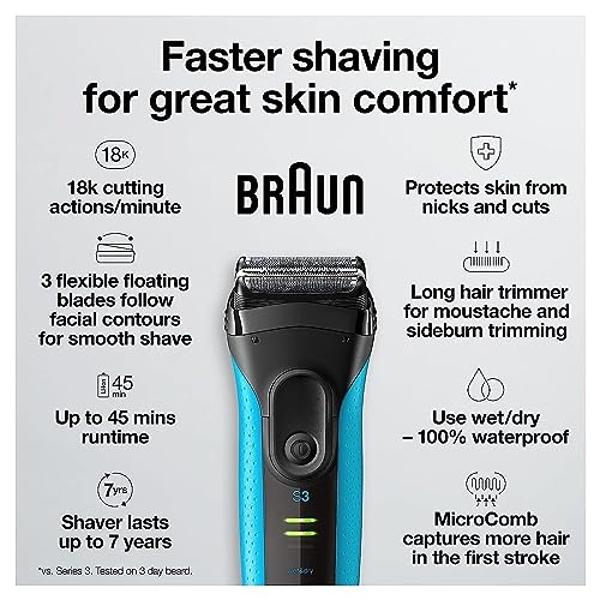 Maquinilla de afeitar eléctrica Braun Serie 3 con recortador de precisión, recargable, de láminas para uso en seco y húmedo para hombres, azul/negro, 4 piezas