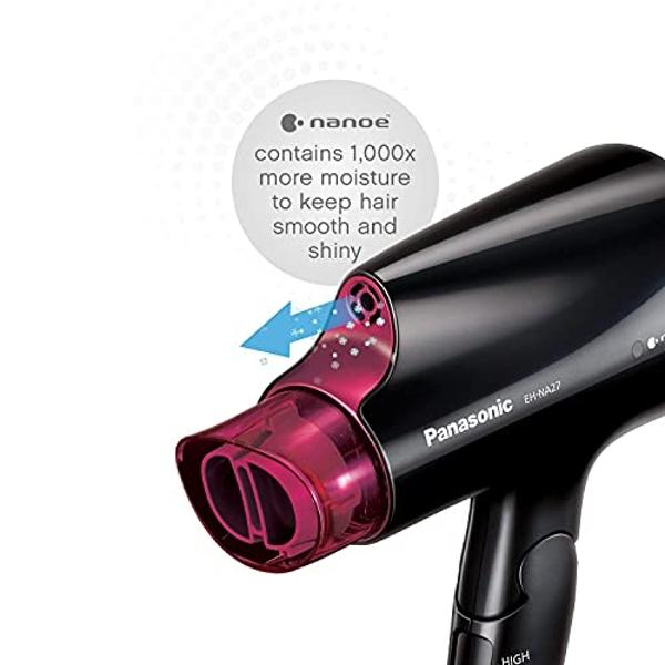 Secador de pelo compacto Panasonic nanoe para un cabello con aspecto saludable, portátil de 1400 W con mango plegable y boquilla QuickDry para un secado rápido – EH-NA27-K (negro/r