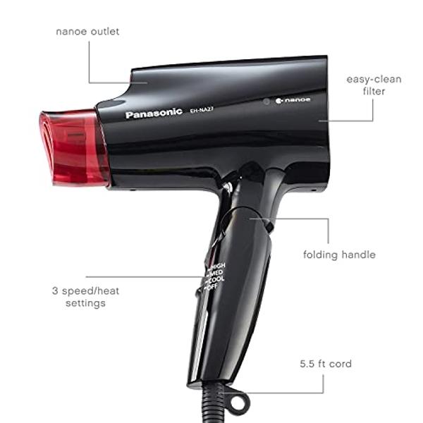 Secador de pelo compacto Panasonic nanoe para un cabello con aspecto saludable, portátil de 1400 W con mango plegable y boquilla QuickDry para un secado rápido – EH-NA27-K (negro/r