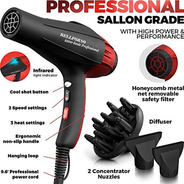 Secador de pelo iónico profesional para salón, potente motor de CA de 2200 vatios, con iones de cerámica y turmalina, silencioso, con difusor y 2 boquillas concentradoras, color ne