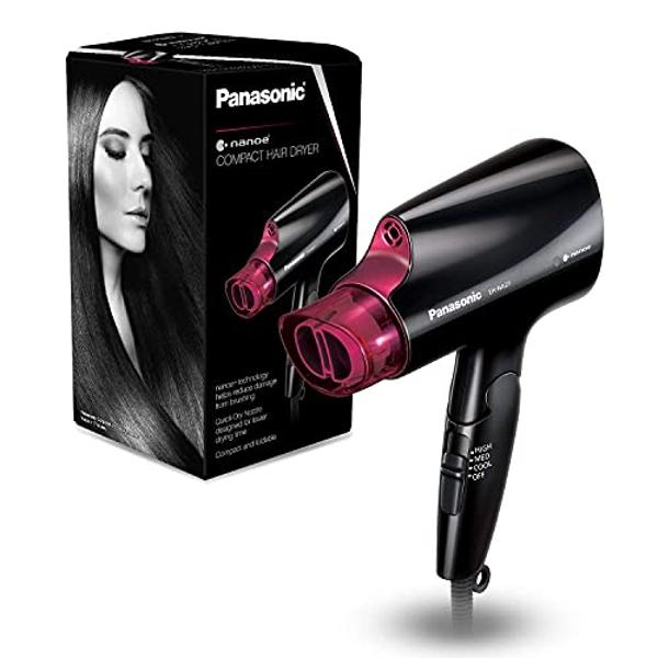Secador de pelo compacto Panasonic nanoe para un cabello con aspecto saludable, portátil de 1400 W con mango plegable y boquilla QuickDry para un secado rápido – EH-NA27-K (negro/r
