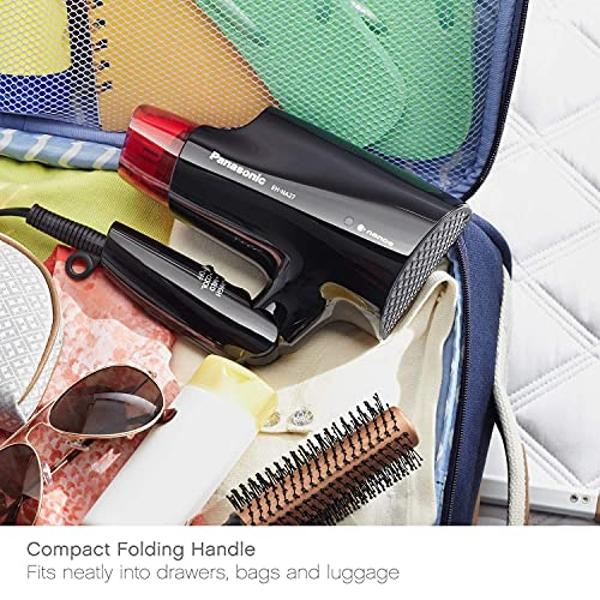 Secador de pelo compacto Panasonic nanoe para un cabello con aspecto saludable, portátil de 1400 W con mango plegable y boquilla QuickDry para un secado rápido – EH-NA27-K (negro/r
