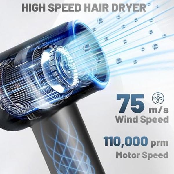 Secador de pelo profesional de iones negativos de alta velocidad con flujo de aire de 75 m/s, motor sin escobillas de 110 000 RPM, secado rápido, ligero y de viaje, boquilla magnét