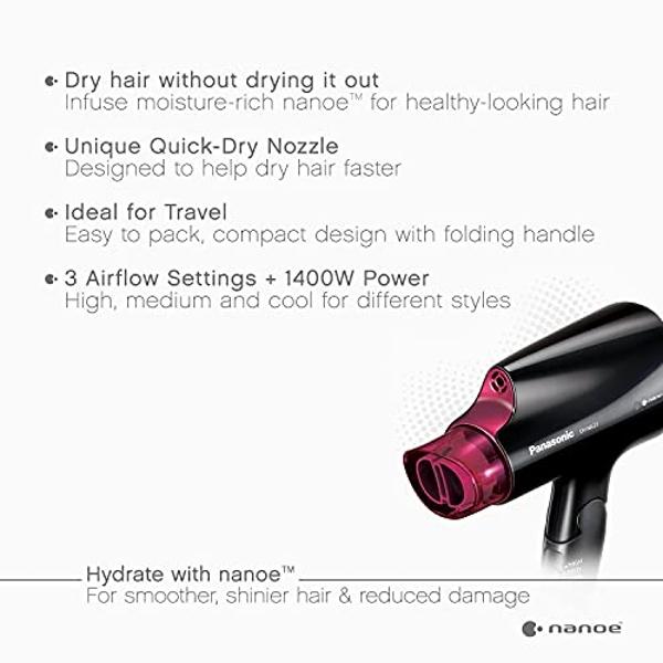 Secador de pelo compacto Panasonic nanoe para un cabello con aspecto saludable, portátil de 1400 W con mango plegable y boquilla QuickDry para un secado rápido – EH-NA27-K (negro/r