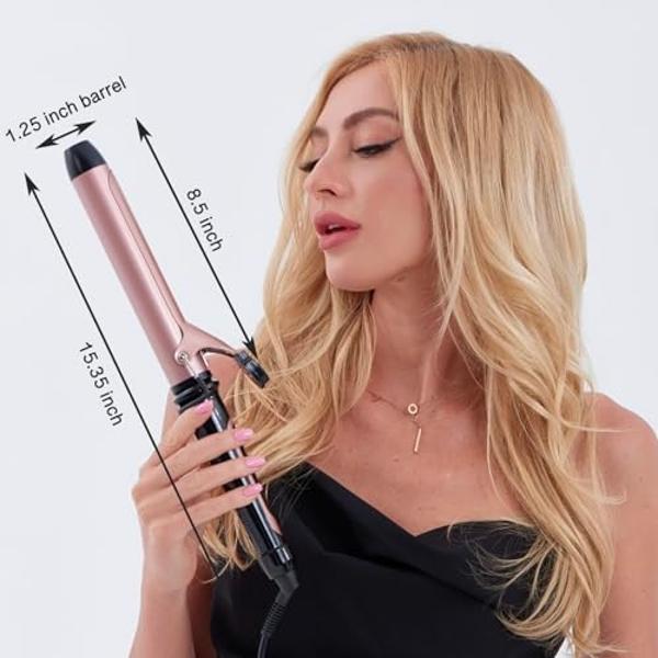 Rizador de pelo Lanvier de 1,25 pulgadas con barril de cerámica de turmalina extralargo, rizador de pelo profesional de hasta 232 °C, voltaje dual para viajes, herramienta para ond