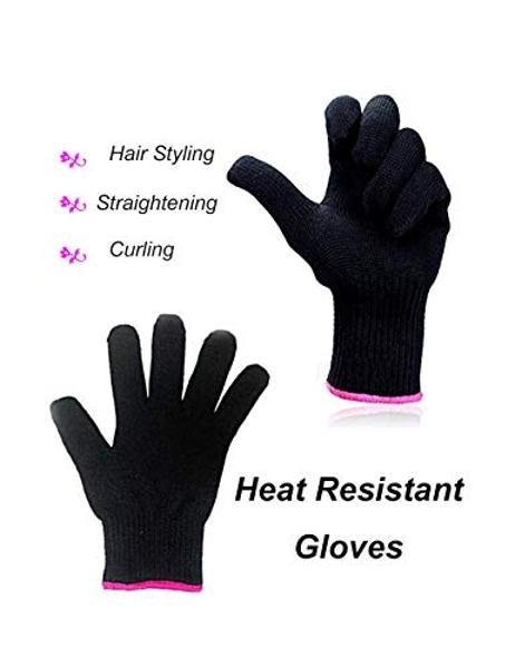 Guante resistente al calor AFT90 2 para peinar, rizar, plancha y rizador, negro, borde rosa