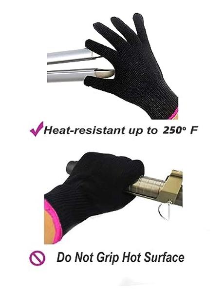 Guante resistente al calor AFT90 2 para peinar, rizar, plancha y rizador, negro, borde rosa