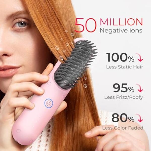 Cepillo alisador de pelo inalámbrico TYMO Porta, minicepillo portátil para viajes, peine caliente de iones negativos para mujeres, ligero y portátil, recargable por USB, color rosa
