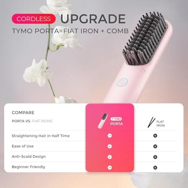 Cepillo alisador de pelo inalámbrico TYMO Porta, minicepillo portátil para viajes, peine caliente de iones negativos para mujeres, ligero y portátil, recargable por USB, color rosa