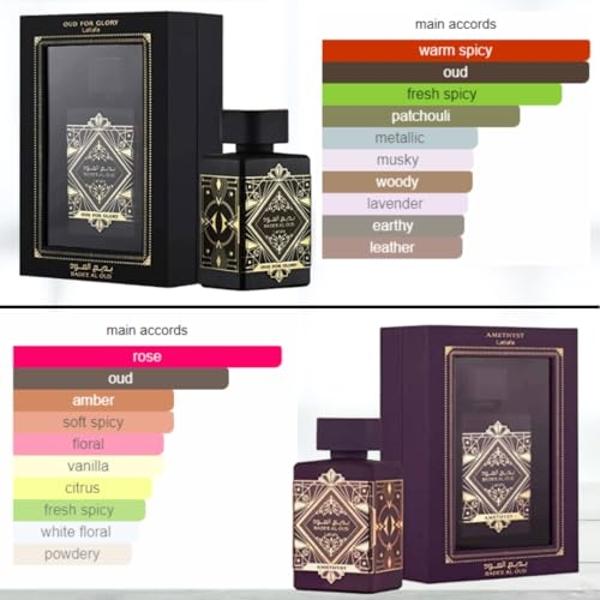 Lattafa Perfumes Bade'e Al Oud - Set de regalo unisex de 2 piezas (Eau de Parfum en aerosol Oud for Glory de 100 ml + Eau de Parfum en aerosol Amethyst de 100 ml)