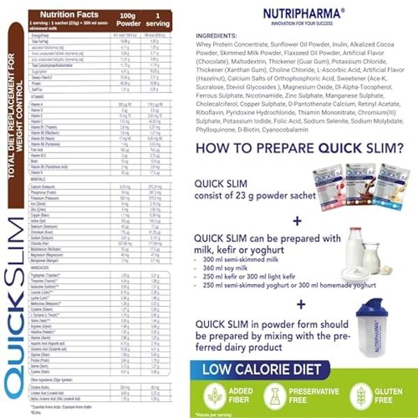 Batido sustitutivo de comida Quick Slim para bajar de peso, 30 raciones, 20 g de proteína, 27 vitaminas y minerales, fibra dietética, bajo en carbohidratos, sin gluten (doble choco
