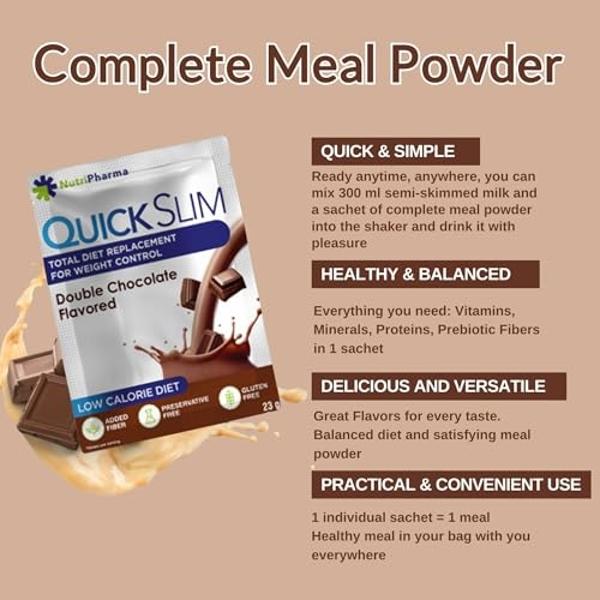 Batido sustitutivo de comida Quick Slim para bajar de peso, 30 raciones, 20 g de proteína, 27 vitaminas y minerales, fibra dietética, bajo en carbohidratos, sin gluten (doble choco