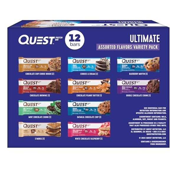 Barras de proteína Quest Nutrition Ultimate Variety Pack, altas en proteínas, bajas en carbohidratos, sin gluten, aptas para dieta cetogénica, 12 unidades