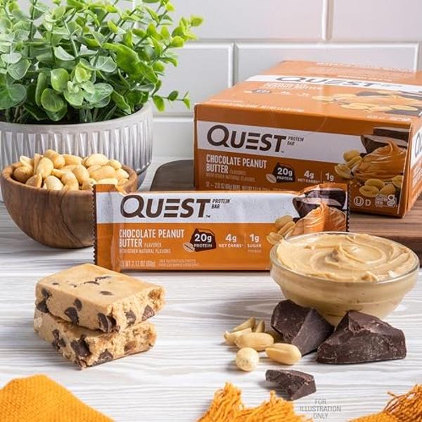 Barras de mantequilla de cacahuete y chocolate Quest Nutrition, 20 g de proteína, 1 g de azúcar, 5 g de carbohidratos netos, sin gluten, aptas para dieta cetogénica, 12 unidades